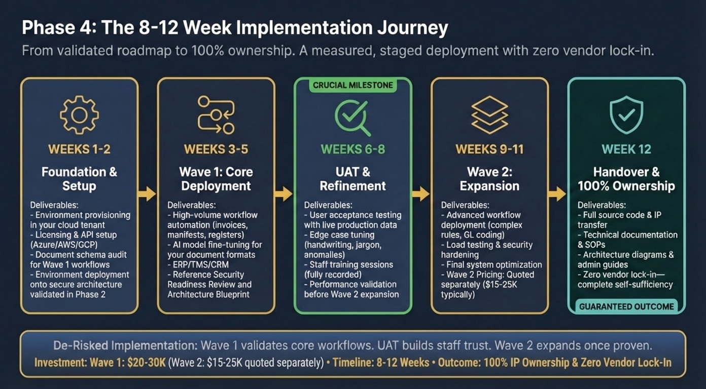Phase 4: The 12-Week Implementation Journey - Foundation, Wave 1, UAT & Refinement, Wave 2, and Handover with 100% Ownership